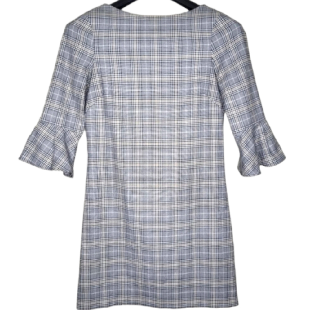 H&M Plaid Houndstooth Grey Dress with 3/4 Ruffle Bell Sleeve, Size 2